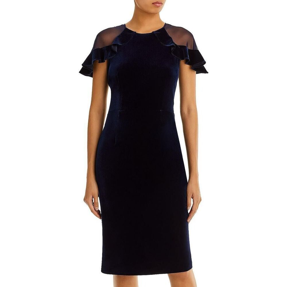 Eliza J Womens Ruffle Shoulder Velvet Cocktail Dress In Navy Size 10